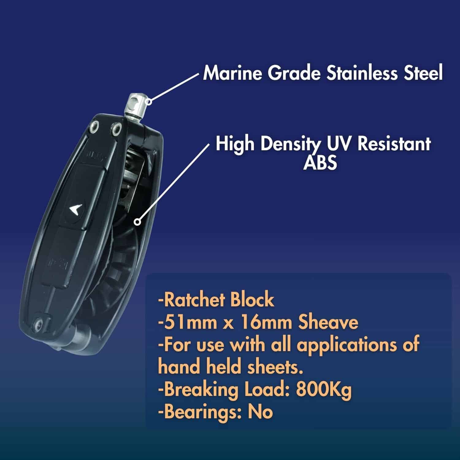 Riley 51mm ratchet block sheave made of marine grade stainless steel.