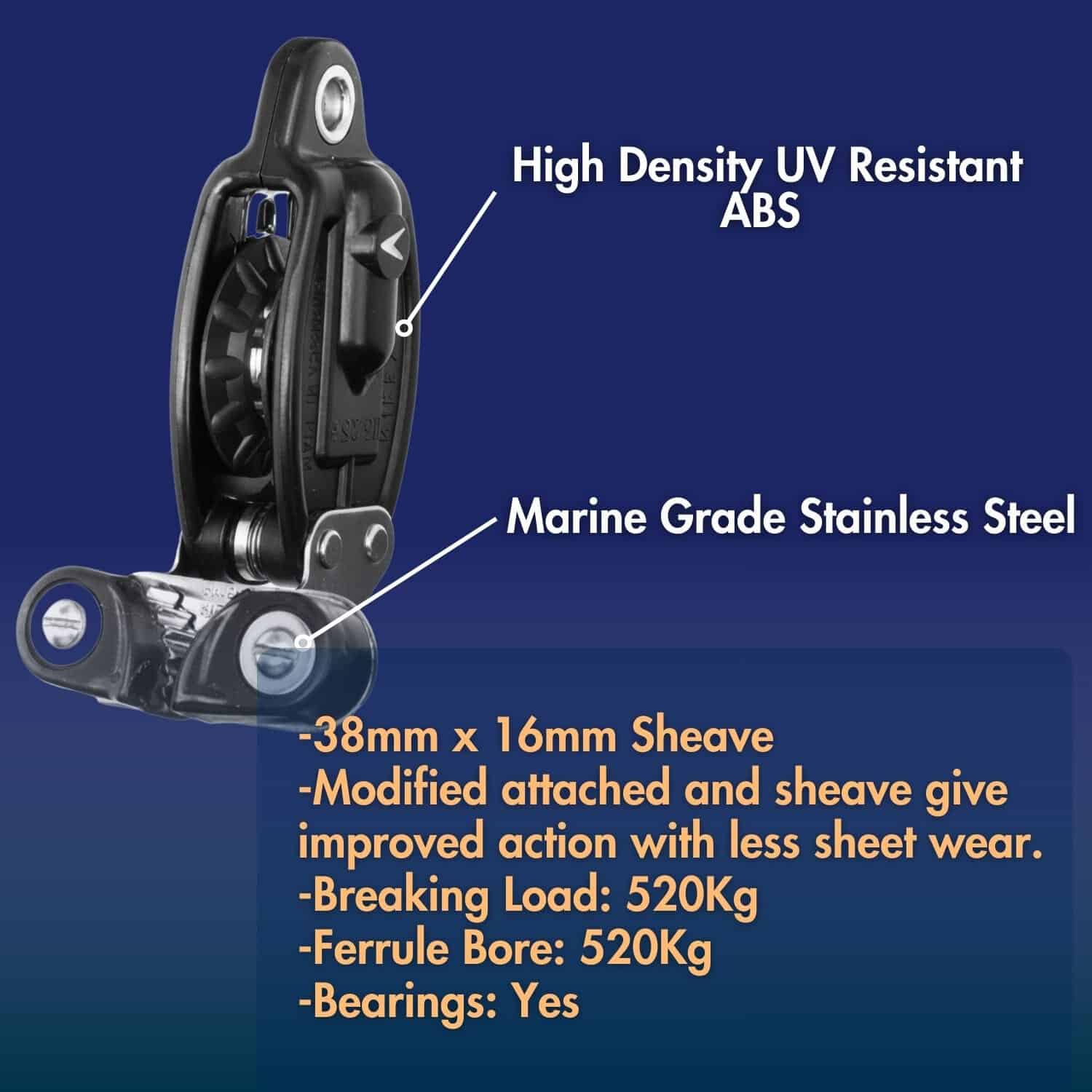 High-density UV resistant ABS marine ratchet block with stainless steel components.