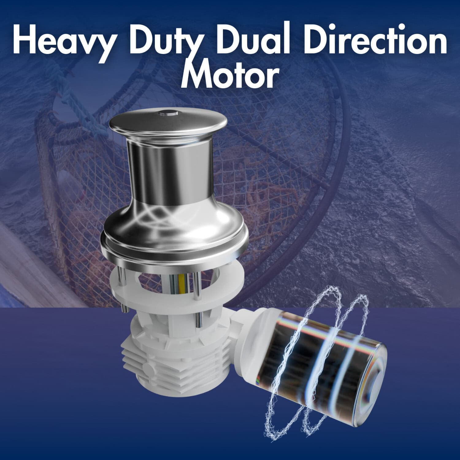 Heavy duty dual direction motor for boat windlasses and marine winches.