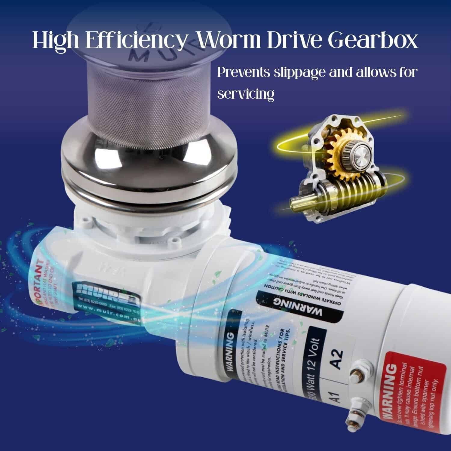 High efficiency worm drive gearbox for windlass systems.