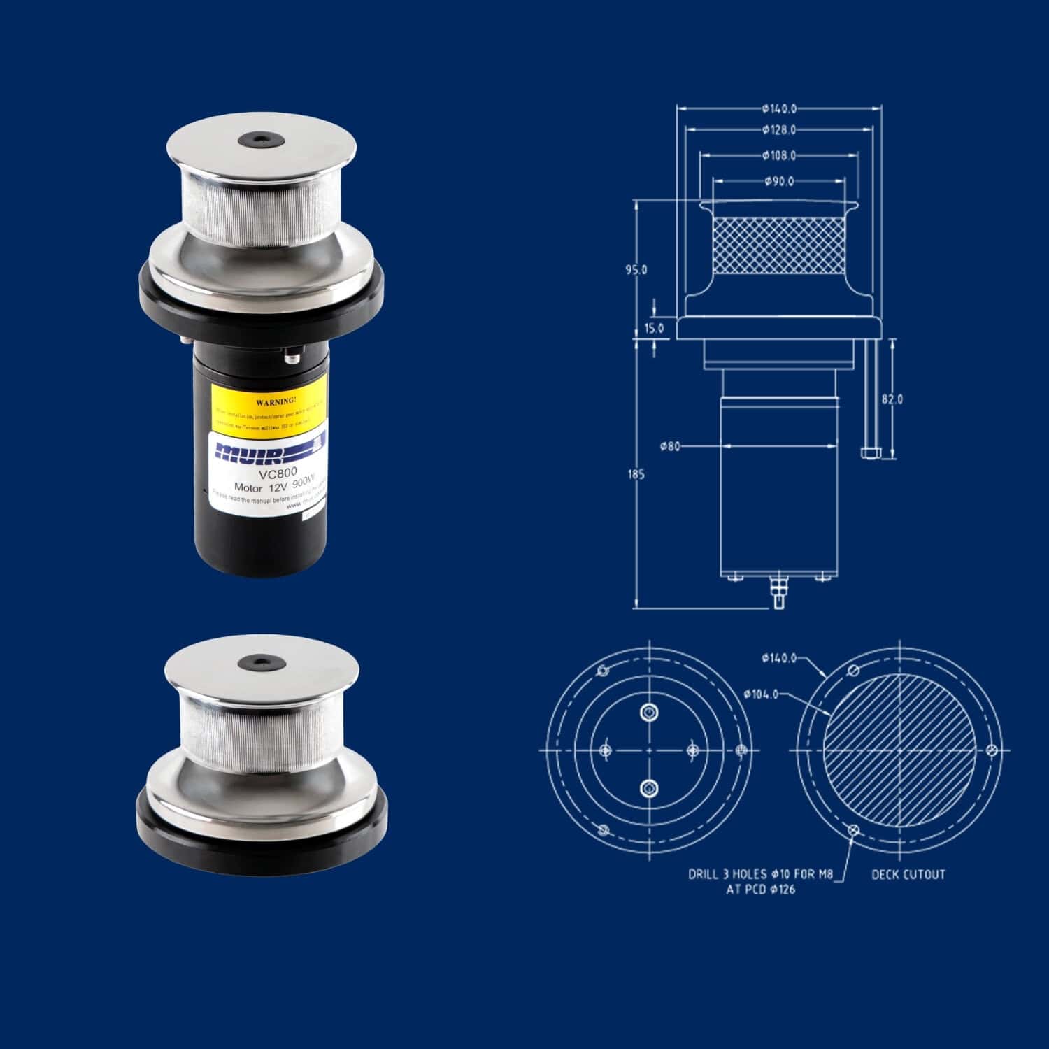 VC800 inline capstan for marine anchor handling and mooring systems.
