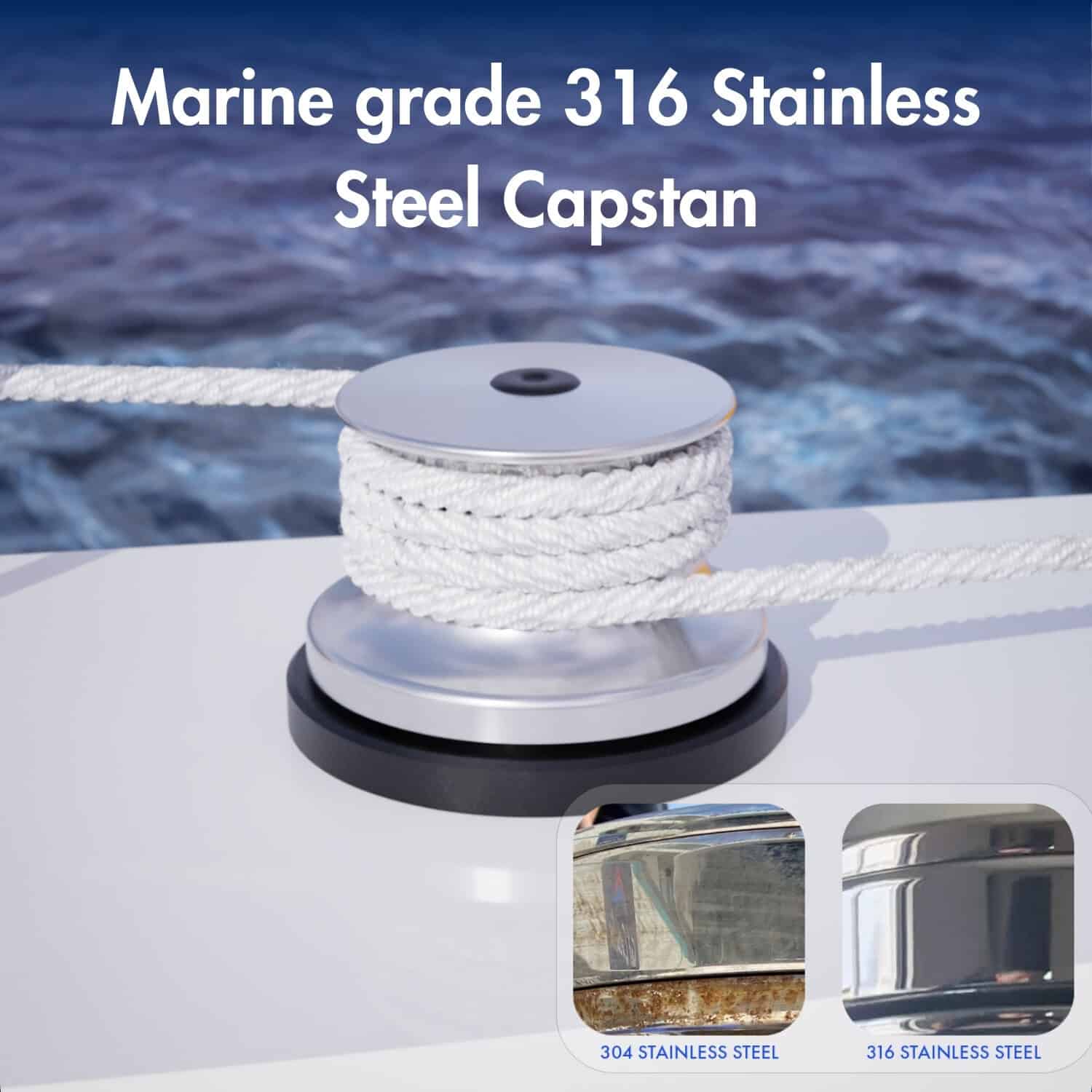 Marine grade 316 stainless steel capstan for boat mooring and anchoring.
