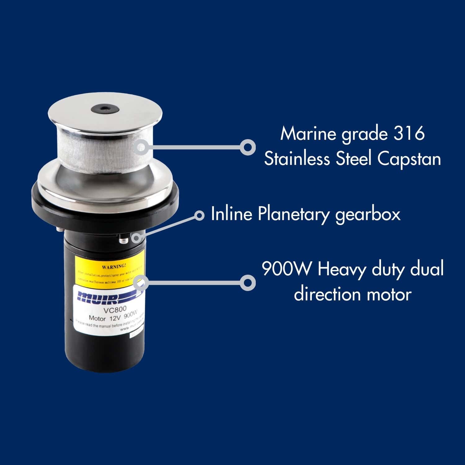 Marine grade 316 stainless steel VC800 inline capstan with planetary gearbox and 900W motor.