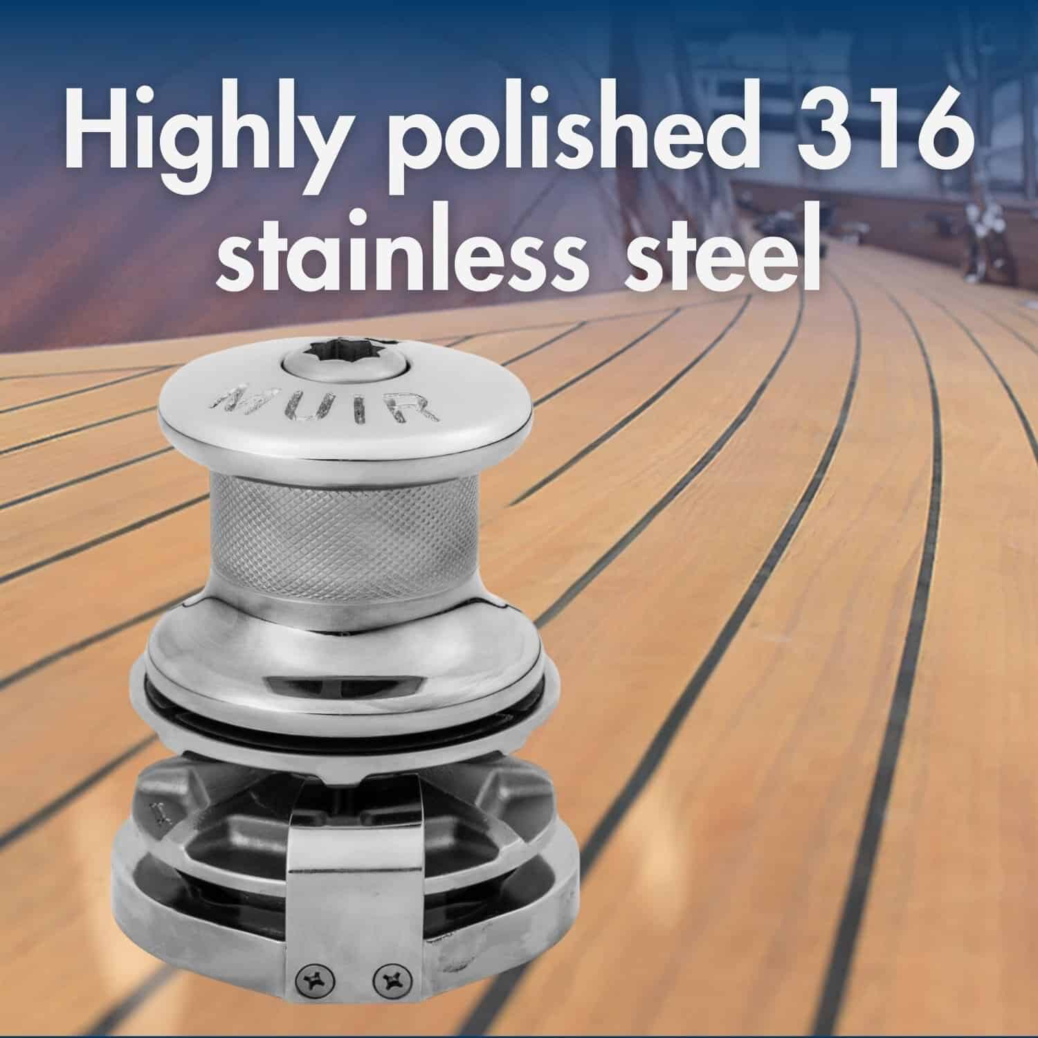 Highly polished 316 stainless steel windlass for marine use.