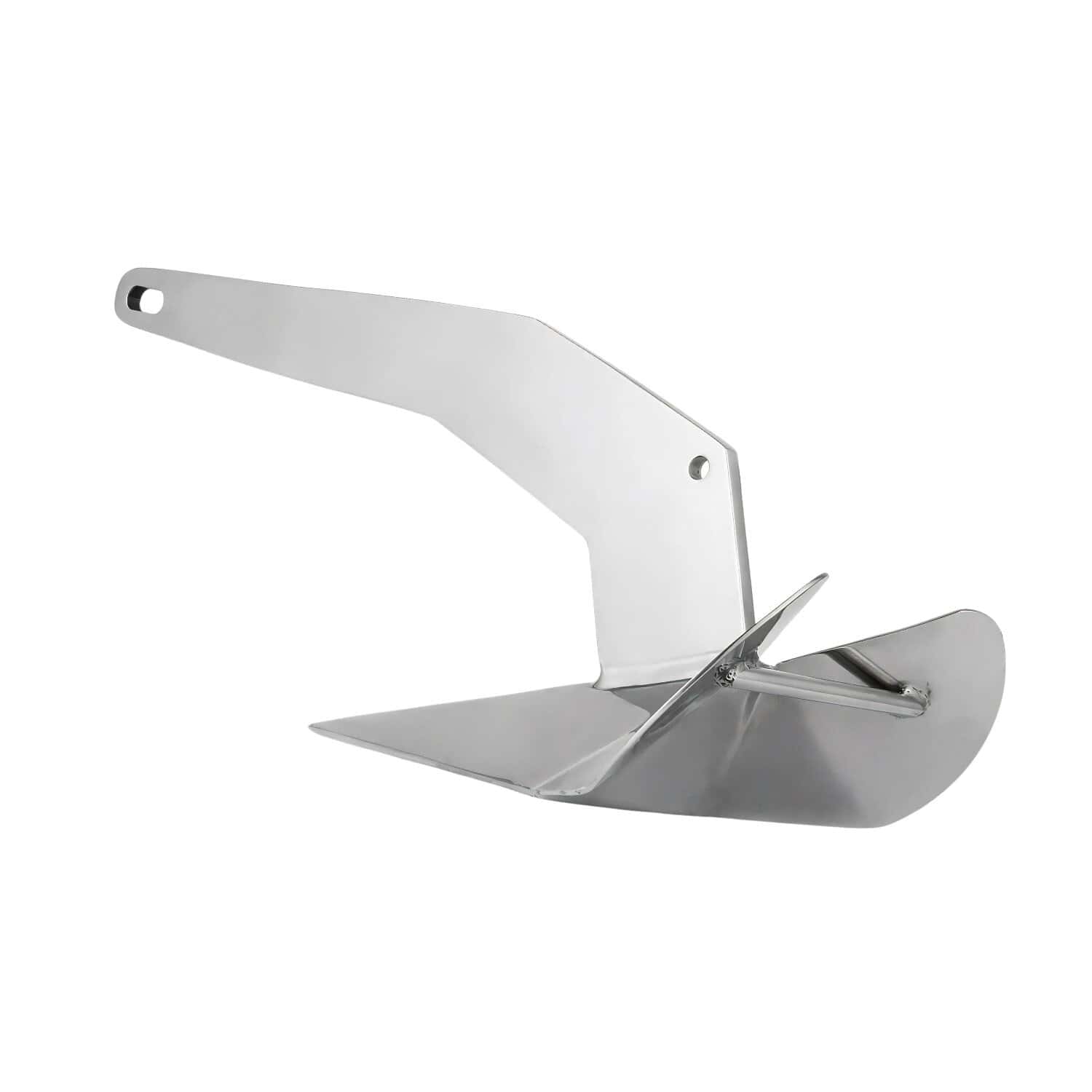 Delta one piece plough anchor in 316 stainless steel, photographed on a white background