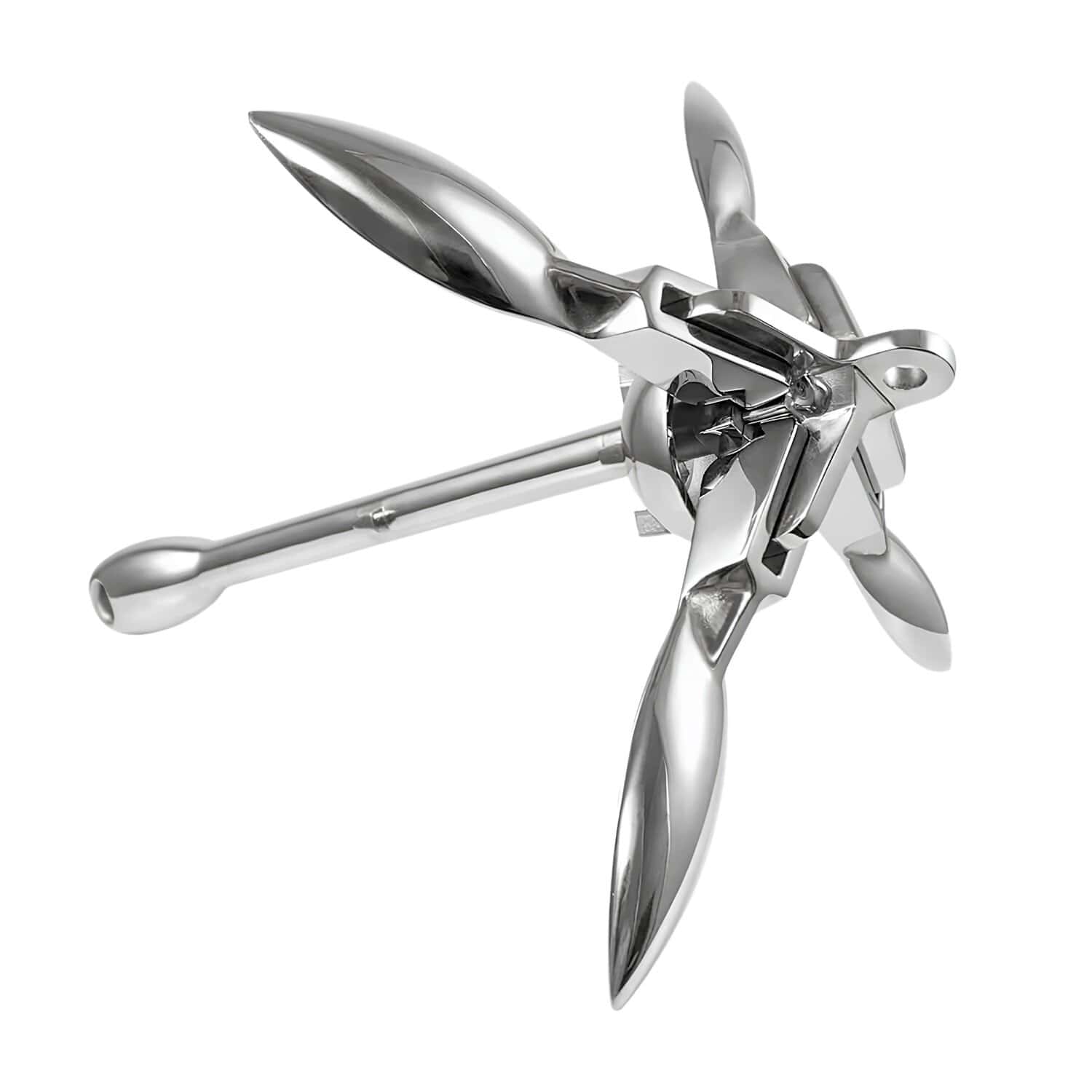 Folding grapnel anchor in 316 stainless steel with four arms open, photographed on a white background