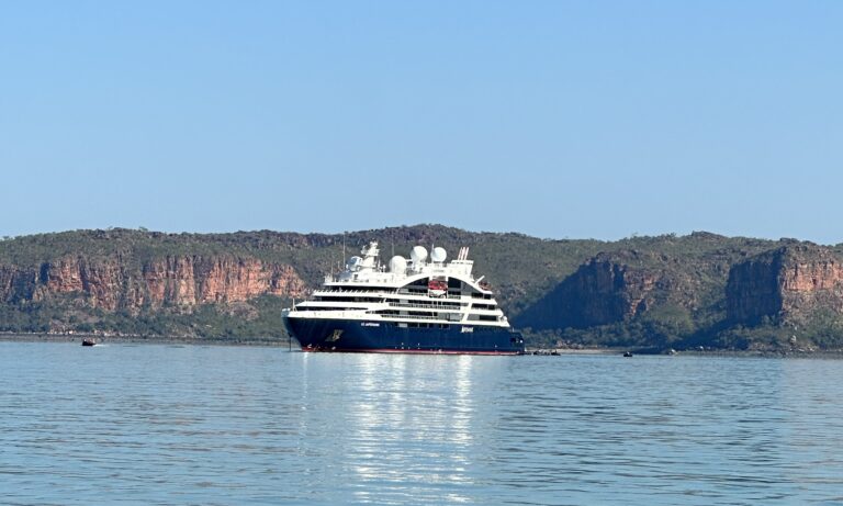 Our Ponant Small Ship Cruise on Le Laperouse in the Kimberley Region off the coast of Western Australia. Wilderness in the background.