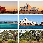 Uluru at sunset with the Great Barrier Reef, Sydney Opera House, and eucalyptus bushland.