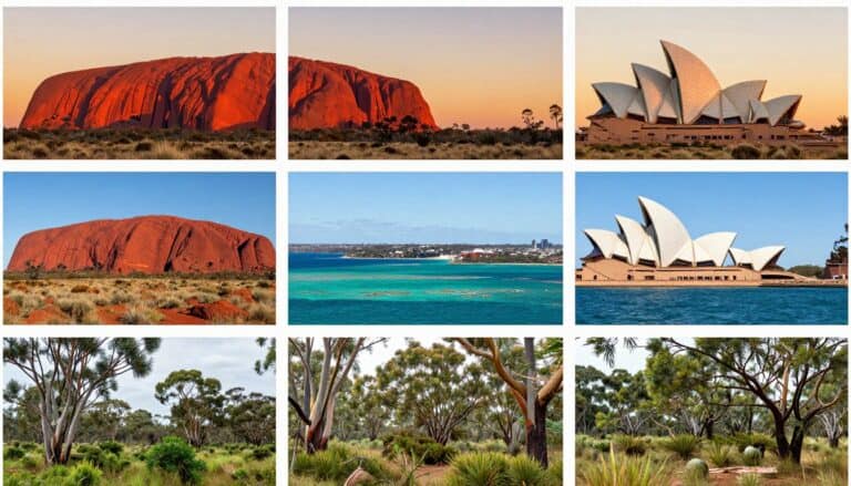 Uluru at sunset with the Great Barrier Reef, Sydney Opera House, and eucalyptus bushland.
