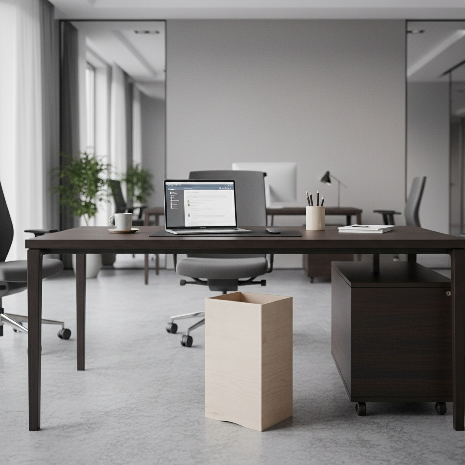Massivholz-Papierkorb unter Schreibtisch in modernem Großraumbüro mit minimalistischer Einrichtung