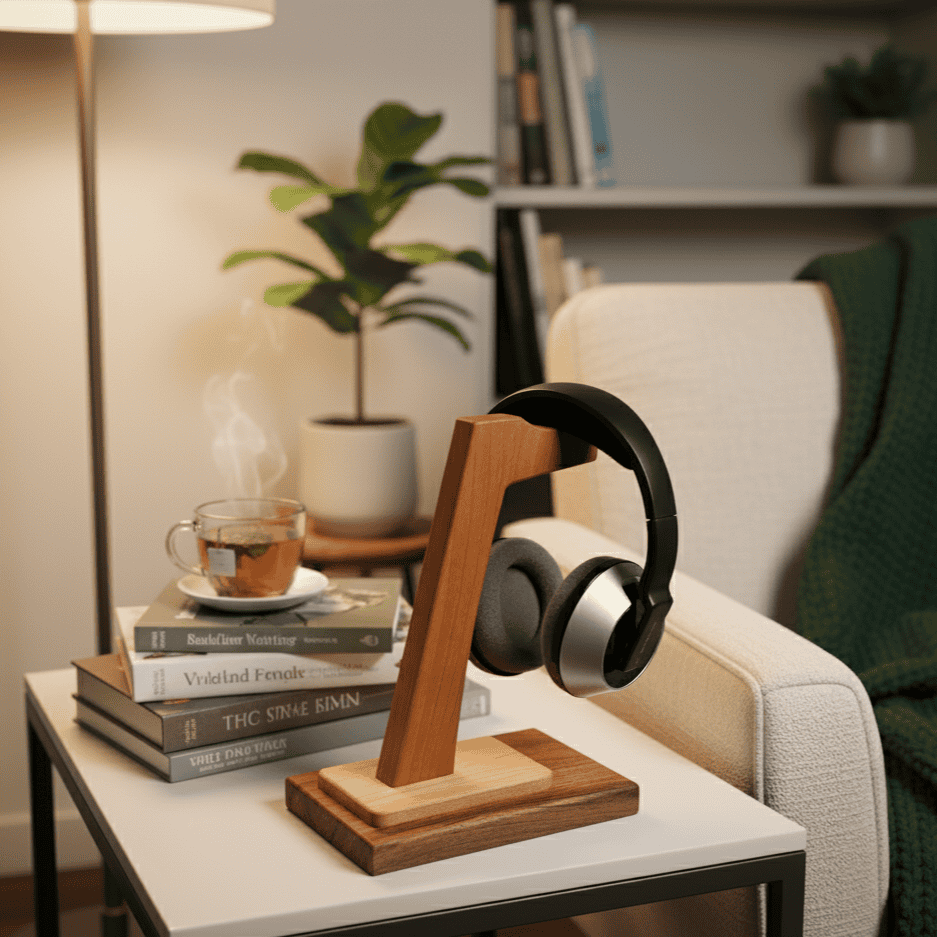 Timeless Stand Kopfhörerhalter aus Holz im Wohnzimmer – stilvolle Aufbewahrung für Kopfhörer