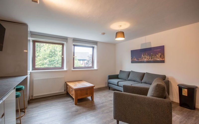 Bright living room with dual large windows, grey sofa, wooden coffee table, and city skyline wall art, reflecting stylish residential architecture.