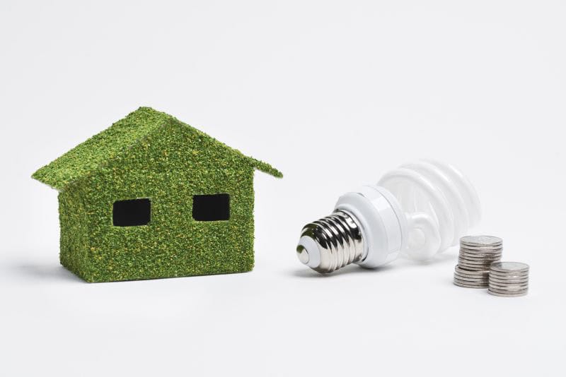 Eco-friendly house with lush green exterior, energy-efficient lighting, and sustainable architecture.