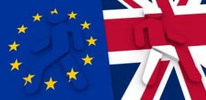 Image relative to politic situation between great britain and european union. Pedestrians icons textured by flags go away. Politic process named as Brexit metaphor