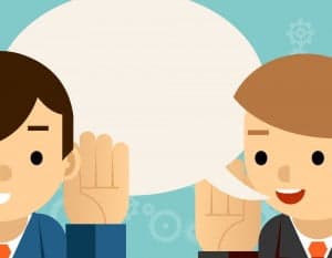 Speaking and listening. One man holds hand at his ear and the other says. Bubble information, hearing and whisper, vector illustration