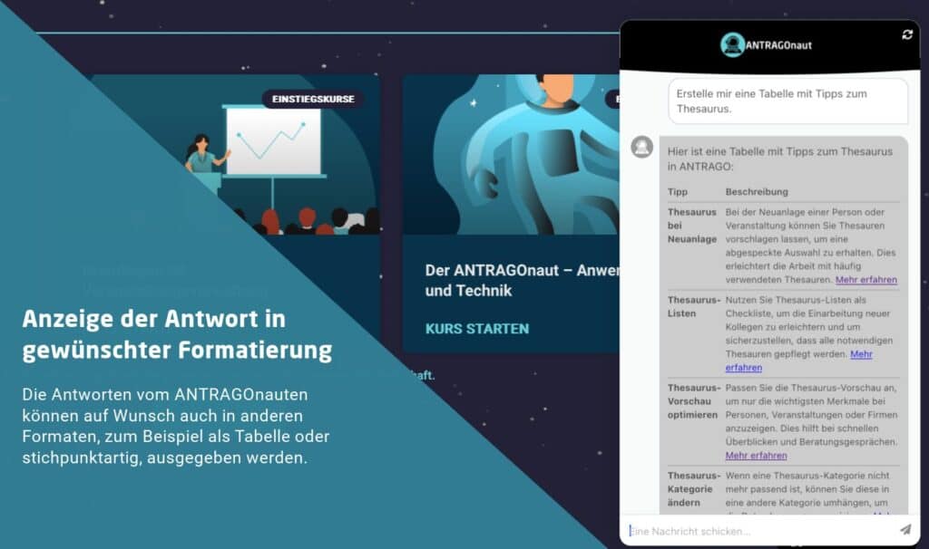 Entedecken Sie den ANTRAGOnauten 6 Anzeige in gewünschter Formatierung ANTRAGOnaut