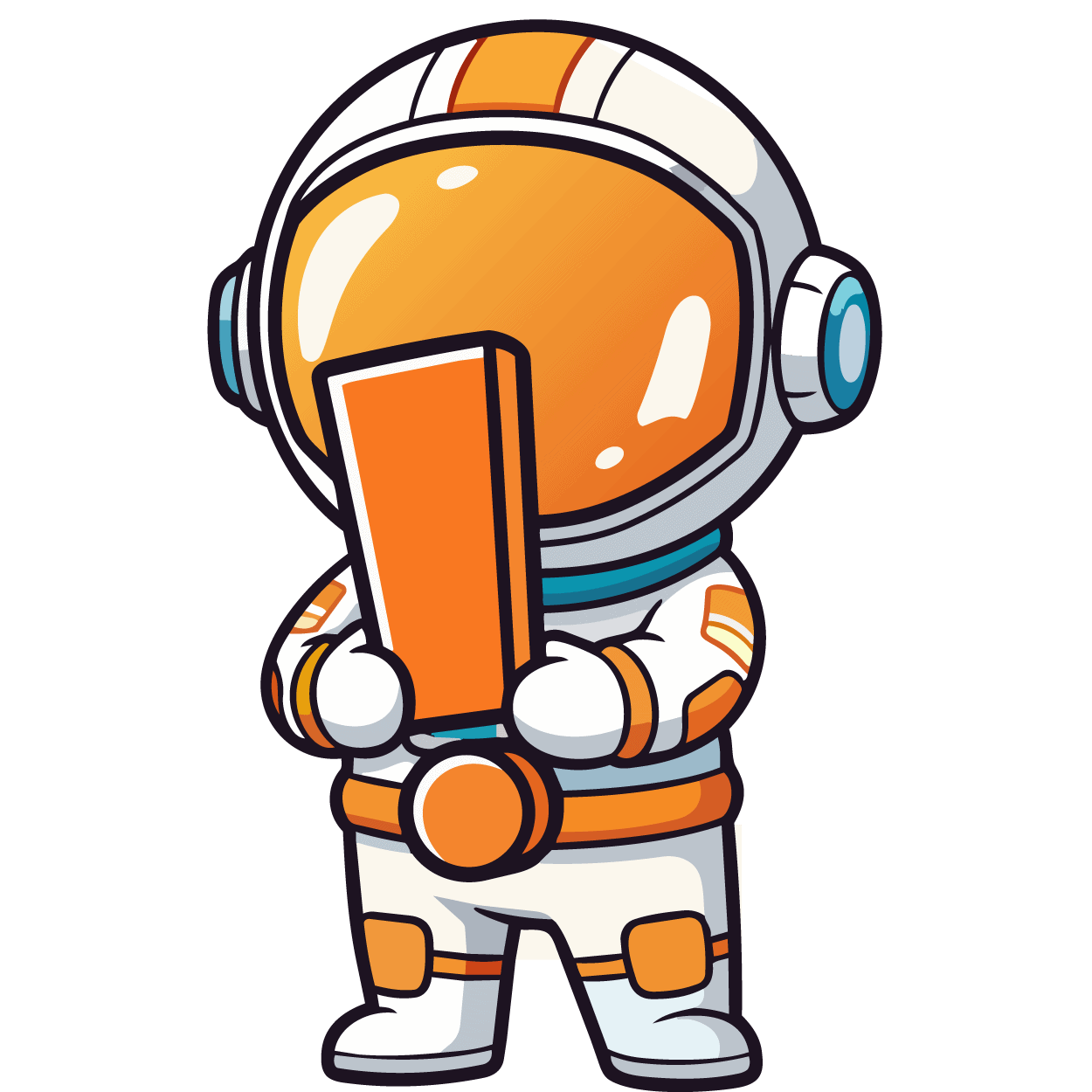 Süßer Astronaut hält Tablet, symbolisiert Technologie und Raumfahrt.