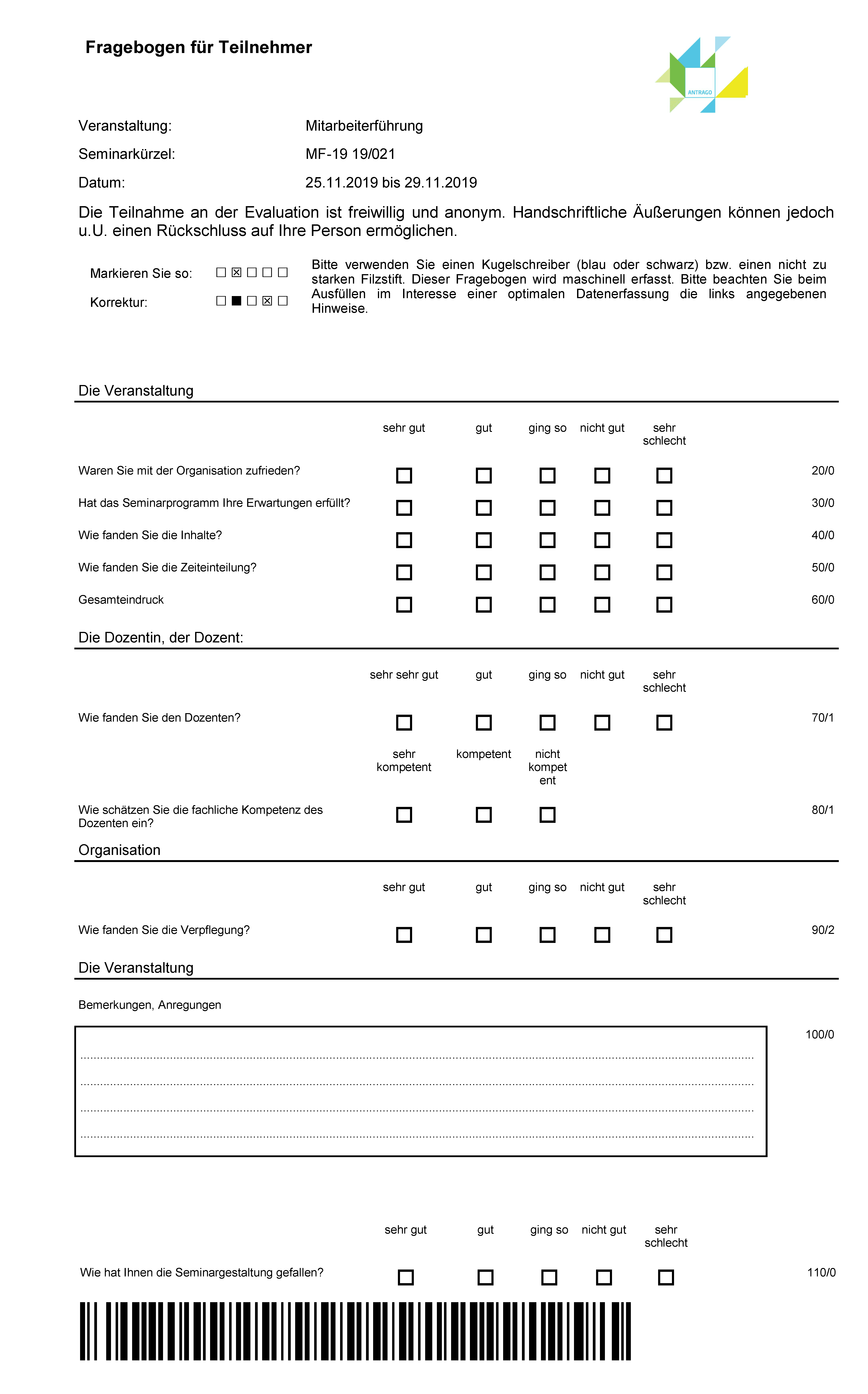 Evaluation in ANTRAGO: Papier-Fragebogen