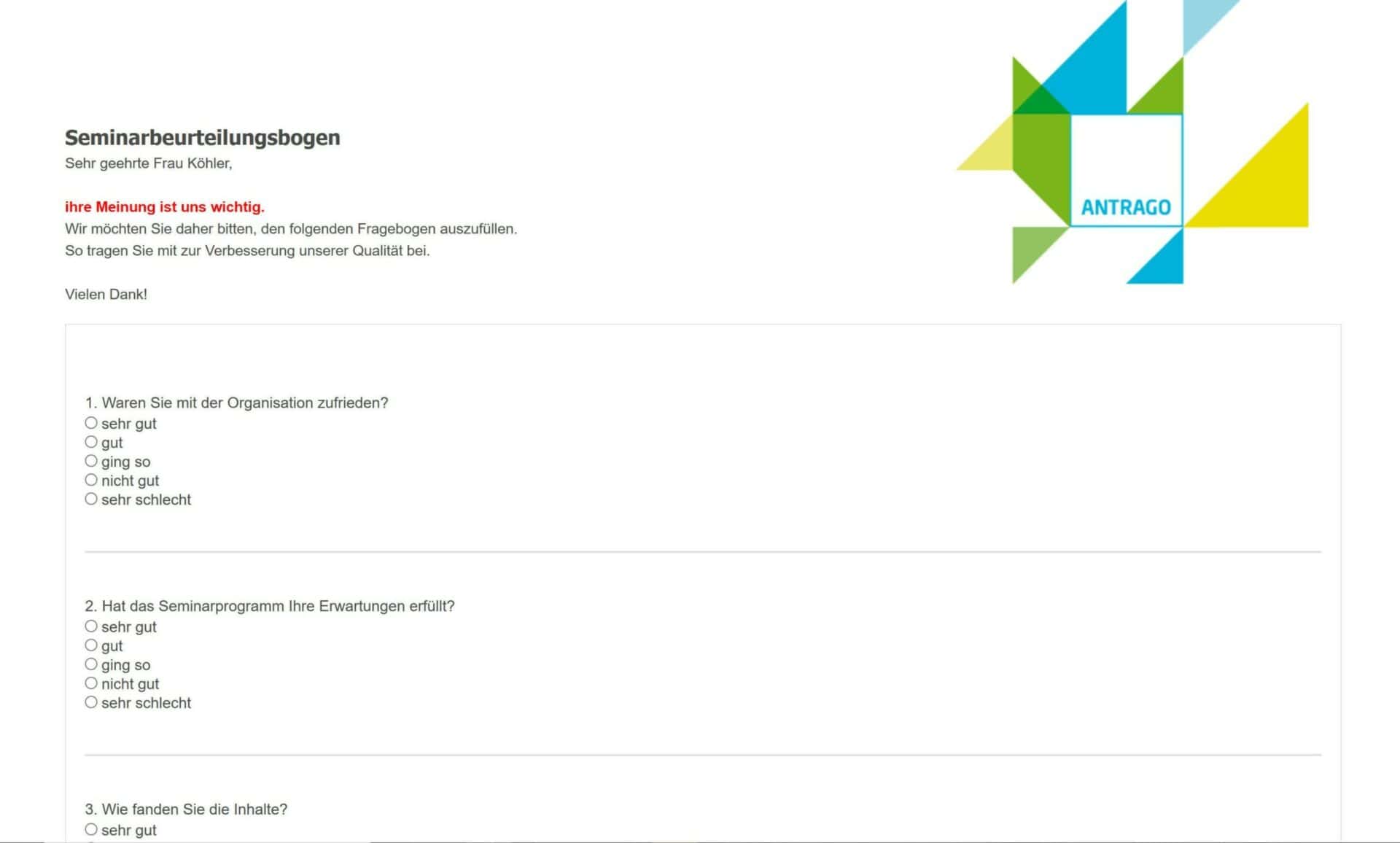 Evaluation in ANTRAGO: HTML-Fragebogen