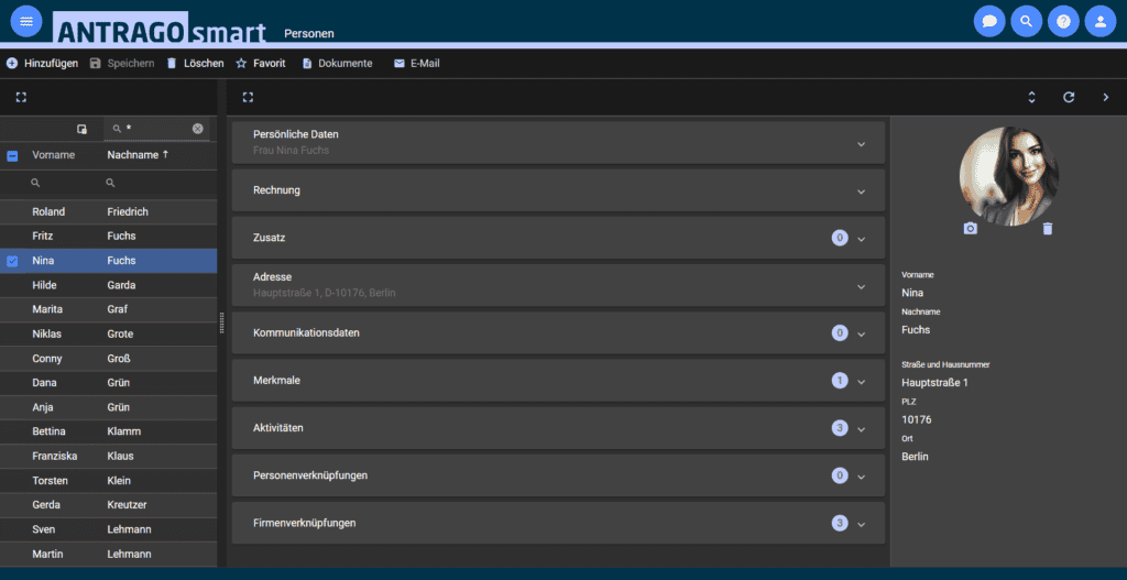 Personenverwaltung ANTRAGO smart Dark Mode