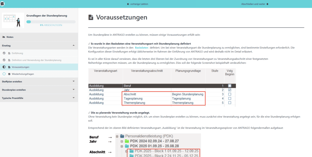Screenshot Lernwelt Kurs zur Stundenplanung