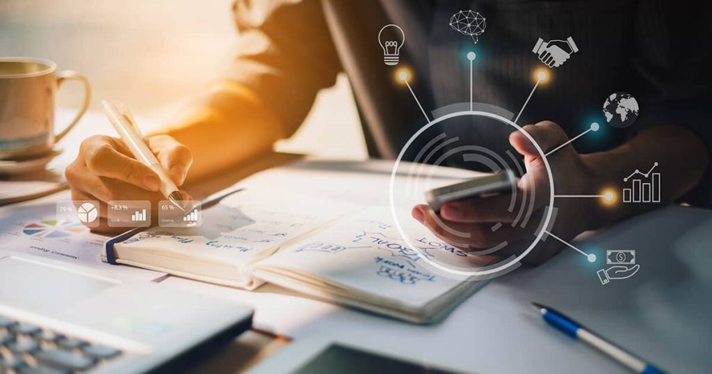 Innovative business analytics and strategic planning with digital data visualization and mobile technology integration.
