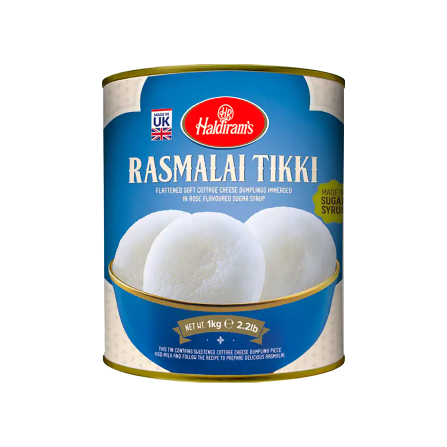 Asiatischer Lebensmittelladen, Rasmalai Tikki in Dose, indisches Dessert.
