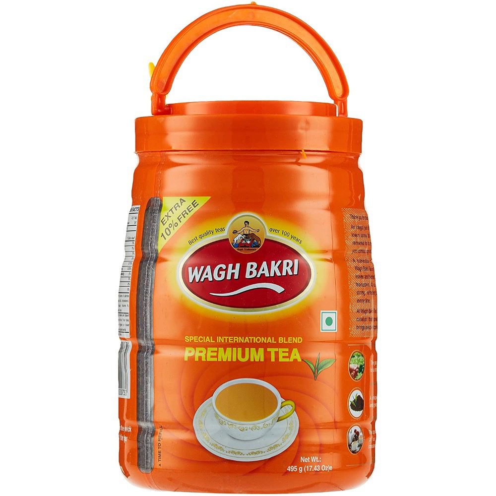 Asiatischer Tee Wagh Bakri im orangefarbenen Becher mit Deckel, asiatischer Lebensmittel Online-Shop.