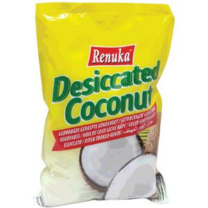 Kokosraspeln in gelber Verpackung, asiatischer Lebensmittel Online-Shop.