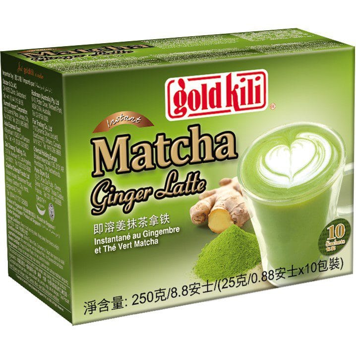 Asiatische Lebensmittel Online-Shop, Matcha-Ginger Latte in grüner Tasse.