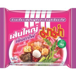 Asiatischer Lebensmittel Online-Shop, pinkes Verpackungsdesign mit Nudeln und Gemüse.
