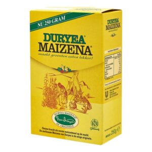 Asiatischer Lebensmittelladen, Maizena 250g, gelbe Verpackung mit Illustration.