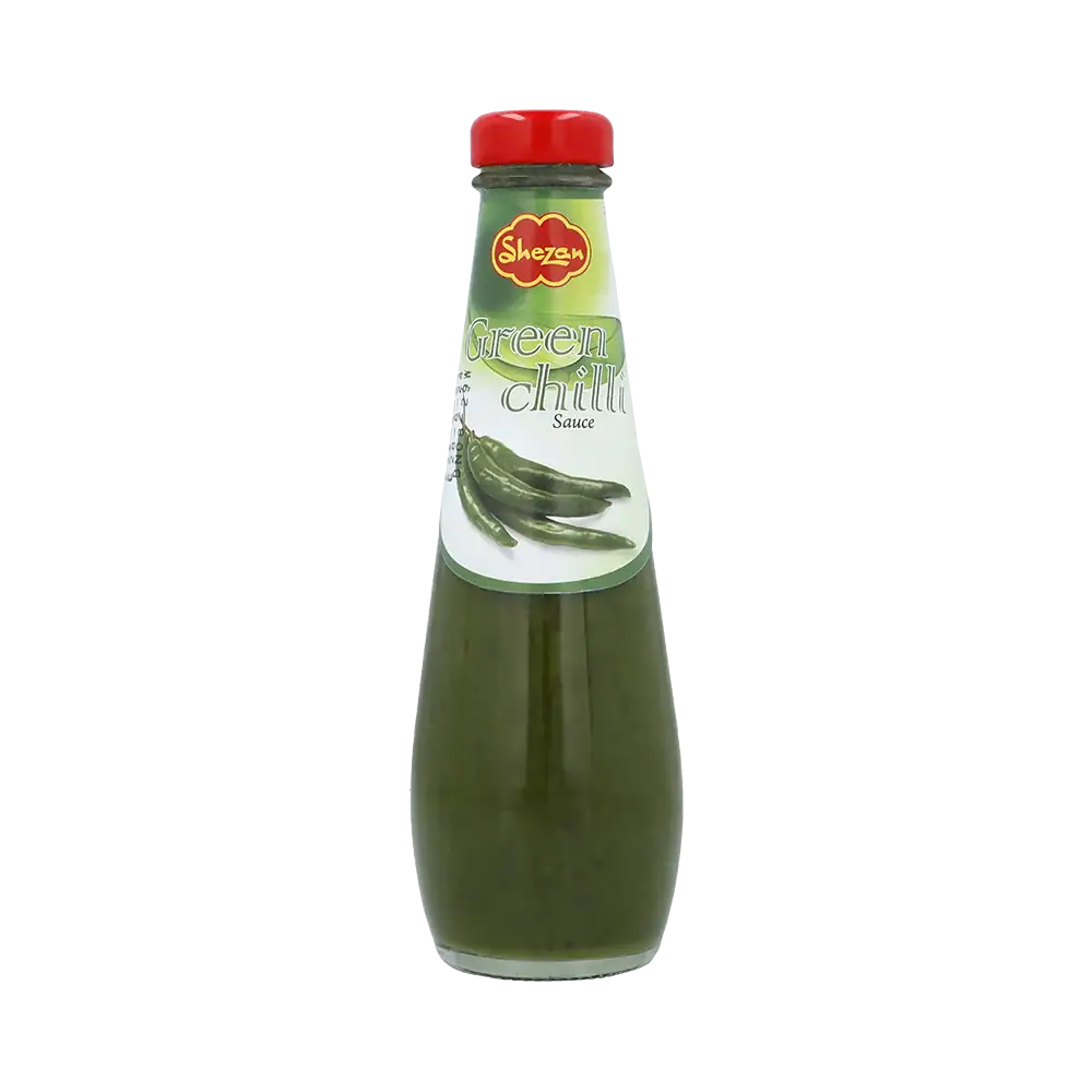 Asiatische Lebensmittel Online-Shop. Grüne Chili Sauce in Flasche.