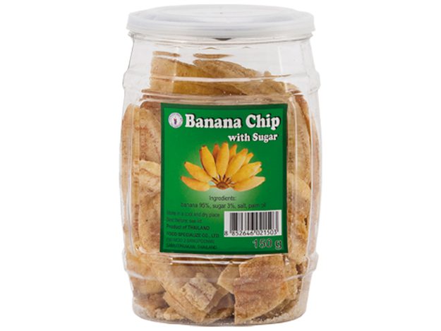Asiatische Lebensmittel Online-Shop, Bananenchips mit Zucker in Glas.