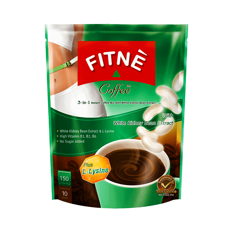 Asiatischer Kaffee FITNE 3in1 mit weißen Kidneybohnen, L-Lysin, Vitamin B1, B2, B6, B12, ohne Zucker.