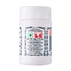 Asiatischer Lebensmittel Online-Shop. Asafotida Pulver in Dose, indisches Gewürz für Küche und Kocht.