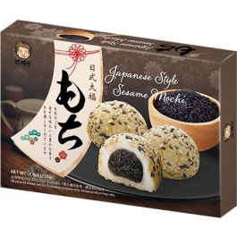 Mochi mit Sesam, japanischer Stil, asiatische Süßigkeit, asiatischer Lebensmittelladen.