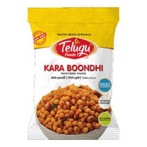 Asiatische Lebensmittel Online-Shop, Kara Boondi Snack in gelber Verpackung.