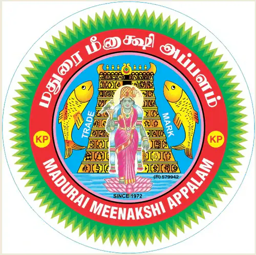 Traditionelles Meenakshi Appalam-Logo mit Götterbild und Fischen.