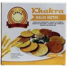 Asiatische Lebensmittel Online-Shop, Khakra Haldi Methi 180g, knusprige indische Snacks.