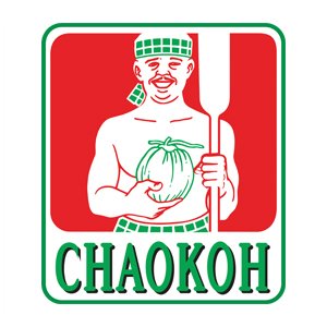 Asiatischer Lebensmittel Online-Shop, Logo mit lachendem Koch und Gemüse.