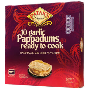 Asiatische Lebensmittel Online-Shop, Pappadums mit Knoblauch, 100g Packung.