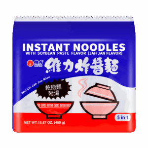 Schnellkoch-Nudeln mit Sojabohnen-Geschmack, 5er Pack, asiatischer Lebensmittelladen.