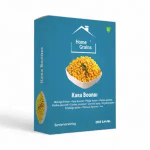 Asiatische Lebensmittel Online-Shop, Kara Boondi in Verpackung, indisches Snackprodukt.