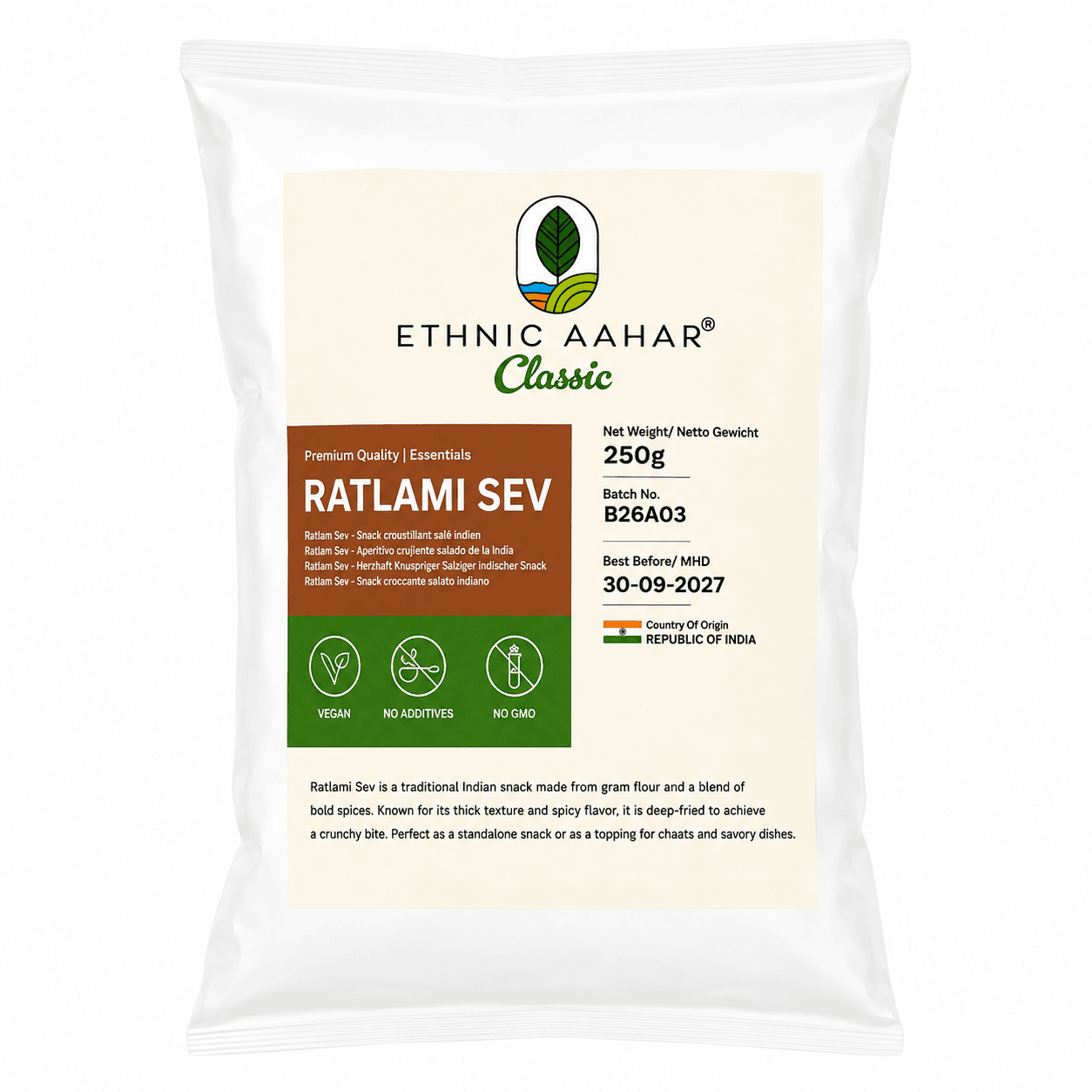 Asiatische Lebensmittel Online-Shop, Ratalami Sev Snack in Verpackung.