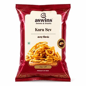 Asiatische Lebensmittel Online-Shop, Kara Sev Snack in roter Verpackung.