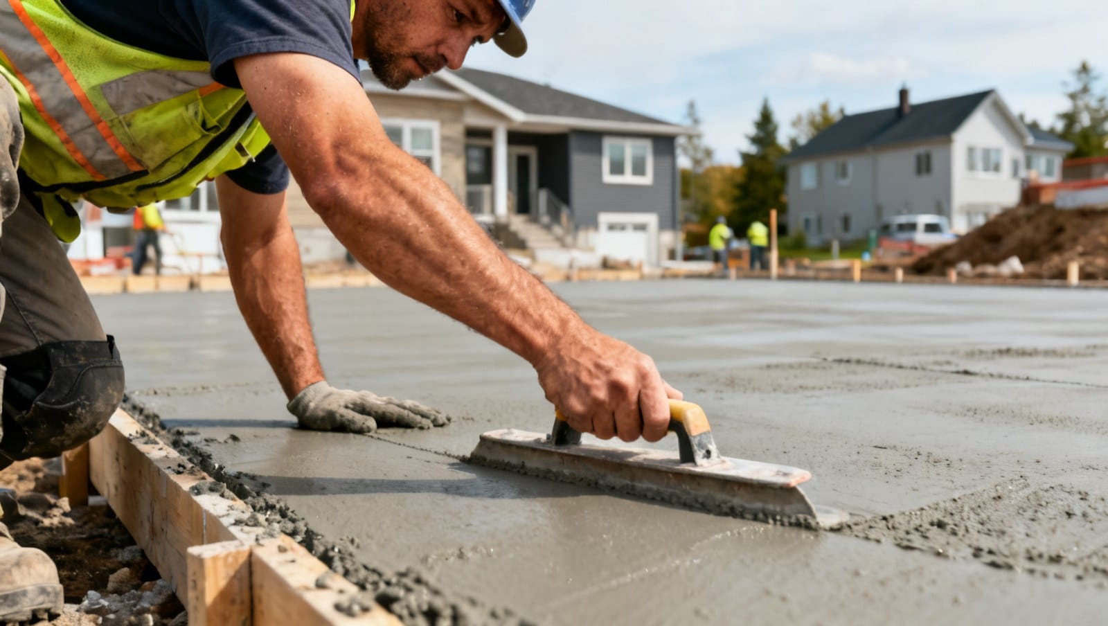 Ouvriers finissent une dalle de béton fraîchement coulée au Québec