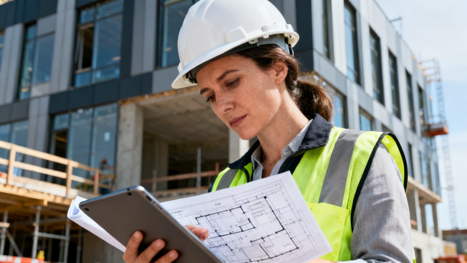 Conceptrice-constructrice au Québec consulte les plans sur un chantier