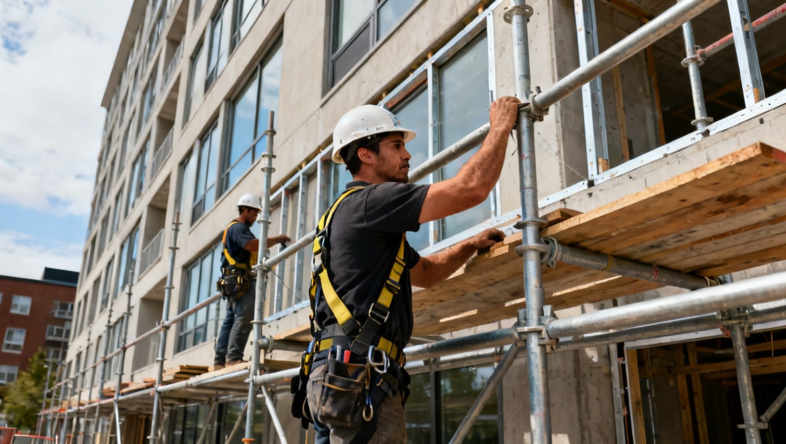 Ouvriers montent un échafaudage métallique contre un bâtiment au Québec