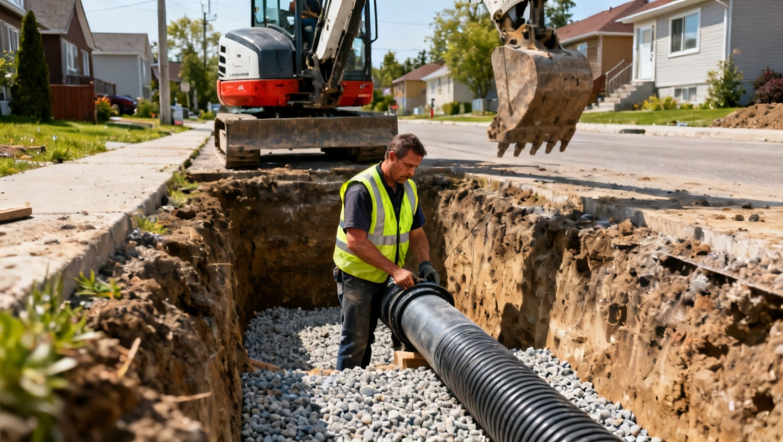 Entrepreneur installe une conduite d'égout dans une tranchée au Québec